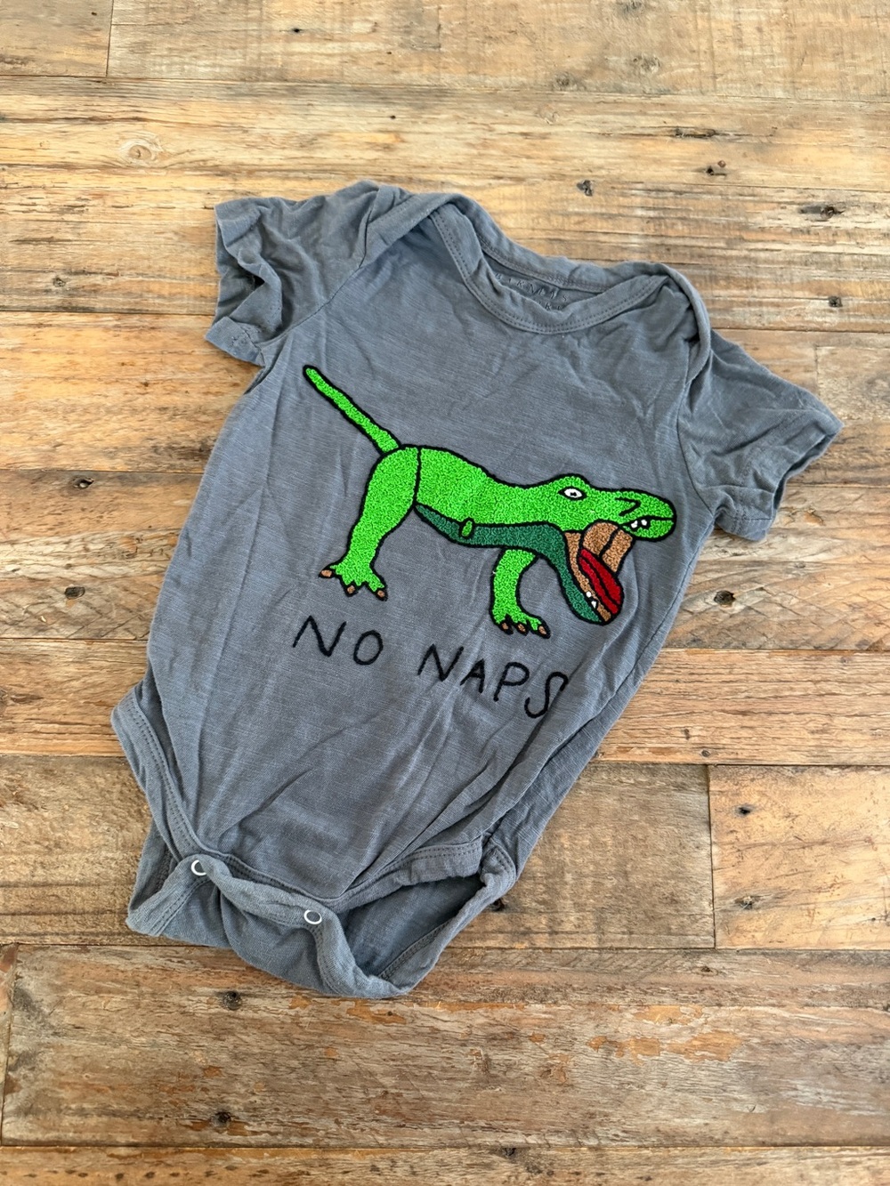 Barneys New York Gray Bodysuit with Bright Green Dinosaur "NO NAPS"